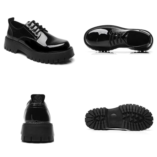 Men's Leather Platform Block Heel Oxfords Classic Round Toe Lace Up Lug Sole Soft Bottom Business Work Dress Shoes Non-Slip