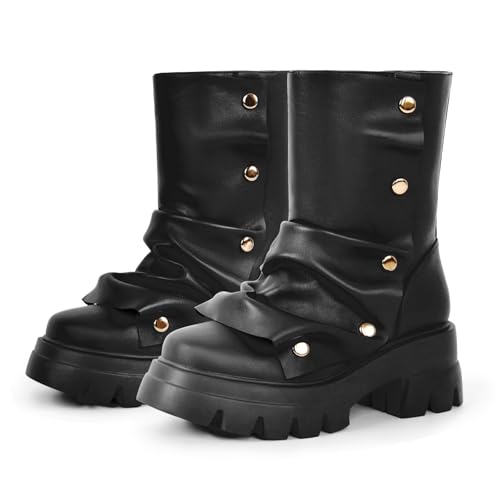 Women's Platform Punk Boots Slouch Fold Over Ankle Boots Pull On Ruched Boots