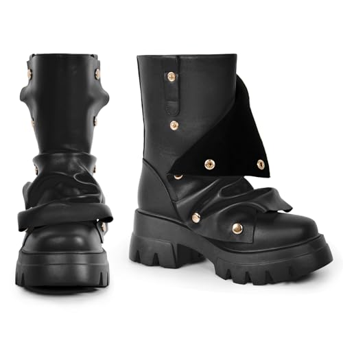 Women's Platform Punk Boots Slouch Fold Over Ankle Boots Pull On Ruched Boots