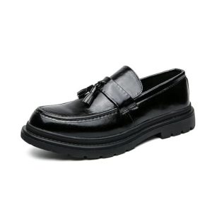 Men's Leather Tassel Platform Slip on Loafers Luxury Round Toe Lug Sole Non-Slip Dress Shoes Casual Low Block Heel Business Work