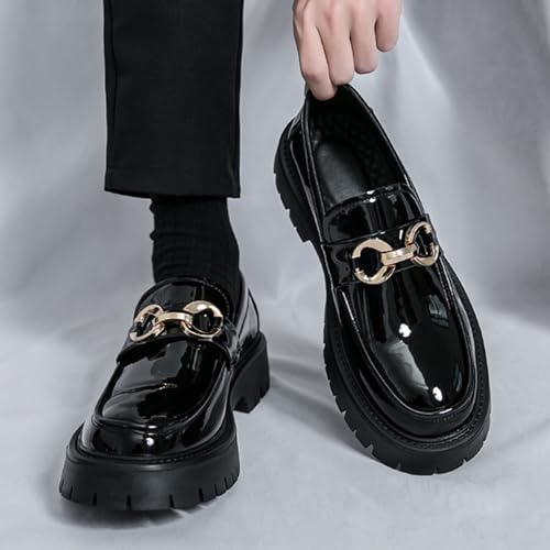 Men's Patent Leather Chunky Platform Penny Loafers with Metal Decoration Slip-On Lug Sole Dress Business Work Shoes Daily