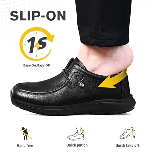 Leather Non-Slip Waterproof Work Shoes for Men Women Slip-Resistant Oil Slip-On Loafers for Chef Kitchen Restaurant Food Service