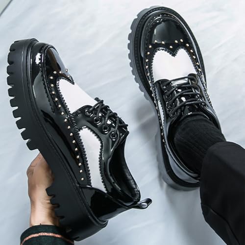 Men's Patent Leather Platform Dress Shoes Classic Round Toe Thick Lug Sole Lace Up Oxfords Comfort Block Heel Derby Business