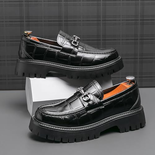 Men's Leather Printed Platform Slip-On Penny Loafers Fashion Round Toe Metal Decoration Non-Slip Lug Sole Business Dress Shoes