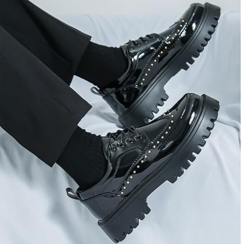 Men's Patent Leather Platform Dress Shoes Classic Round Toe Thick Lug Sole Lace Up Oxfords Comfort Block Heel Derby Business
