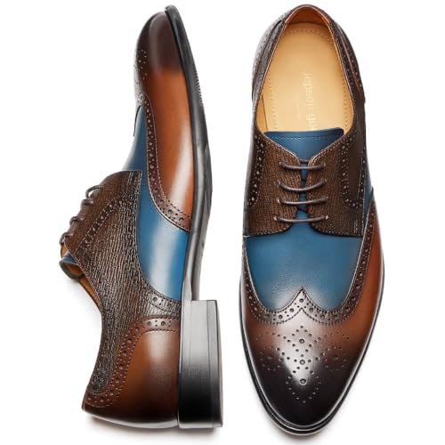 Jepsengord Men's Dress Shoes Wingtip Genuine Cowhide Leather Oxfords with Brogue Formal Business Wedding Derby Shoes