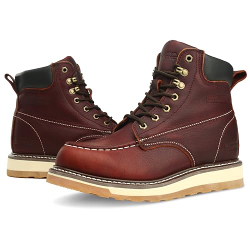 Moc Toe Work Boots for Men Waterproof Soft/Steel Toe Comfortable Full Grain Leather Non Slip Wedge Outsole Construction 6"