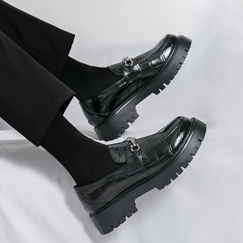 Men's Leather Printed Platform Slip-On Penny Loafers Fashion Round Toe Metal Decoration Non-Slip Lug Sole Business Dress Shoes