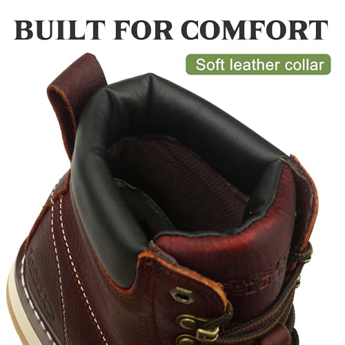 Moc Toe Work Boots for Men Waterproof Soft/Steel Toe Comfortable Full Grain Leather Non Slip Wedge Outsole Construction 6"