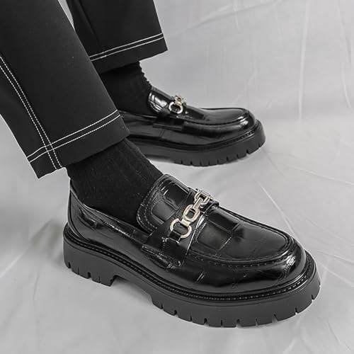 Men's Leather Printed Platform Slip-On Penny Loafers Fashion Round Toe Metal Decoration Non-Slip Lug Sole Business Dress Shoes