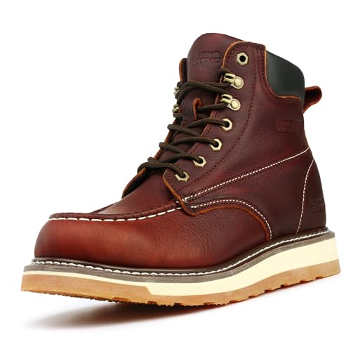 Moc Toe Work Boots for Men Waterproof Soft/Steel Toe Comfortable Full Grain Leather Non Slip Wedge Outsole Construction 6"