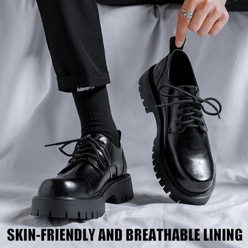 Men's Leather Platform Block Heel Oxfords Classic Round Toe Lace Up Lug Sole Soft Bottom Business Work Dress Shoes Non-Slip