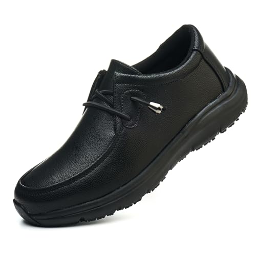Leather Non-Slip Waterproof Work Shoes for Men Women Slip-Resistant Oil Slip-On Loafers for Chef Kitchen Restaurant Food Service
