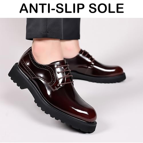 Men's Patent Leather Lace Up Platform Work Oxfords Round Toe Slip Resistant Low Top Lug Sole Brogues Dress Shoes Comfortable