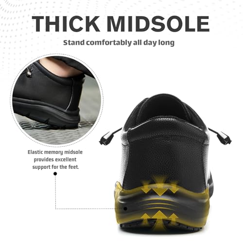 Leather Non-Slip Waterproof Work Shoes for Men Women Slip-Resistant Oil Slip-On Loafers for Chef Kitchen Restaurant Food Service