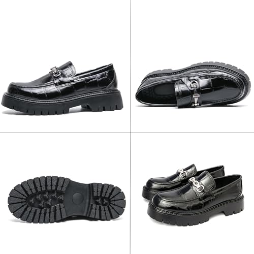 Men's Leather Printed Platform Slip-On Penny Loafers Fashion Round Toe Metal Decoration Non-Slip Lug Sole Business Dress Shoes