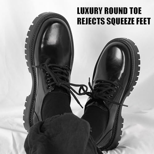 Men's Leather Platform Block Heel Oxfords Classic Round Toe Lace Up Lug Sole Soft Bottom Business Work Dress Shoes Non-Slip