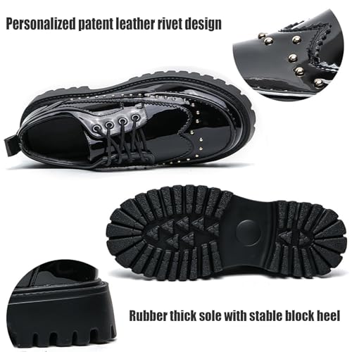 Men's Patent Leather Platform Dress Shoes Classic Round Toe Thick Lug Sole Lace Up Oxfords Comfort Block Heel Derby Business