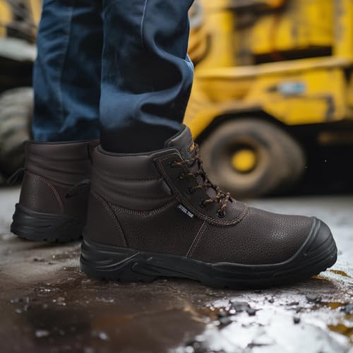 Steel Toe Work Boots for Men, Non Slip & Puncture Resistant Construction Boots with Breathable Lining, EH Protection,