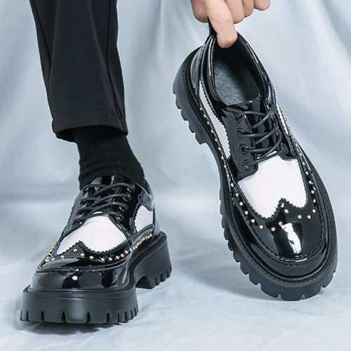 Men's Patent Leather Platform Dress Shoes Classic Round Toe Thick Lug Sole Lace Up Oxfords Comfort Block Heel Derby Business