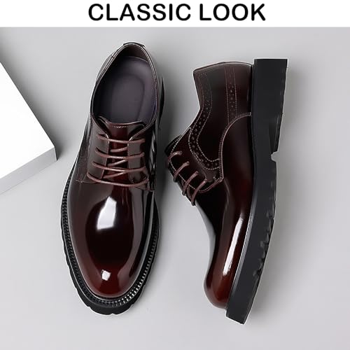 Men's Patent Leather Lace Up Platform Work Oxfords Round Toe Slip Resistant Low Top Lug Sole Brogues Dress Shoes Comfortable
