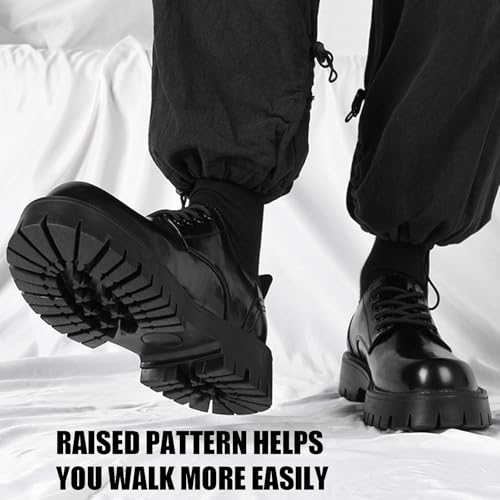 Men's Leather Platform Block Heel Oxfords Classic Round Toe Lace Up Lug Sole Soft Bottom Business Work Dress Shoes Non-Slip