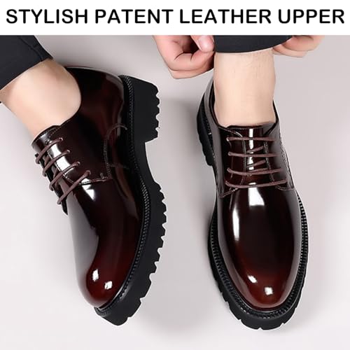 Men's Patent Leather Lace Up Platform Work Oxfords Round Toe Slip Resistant Low Top Lug Sole Brogues Dress Shoes Comfortable