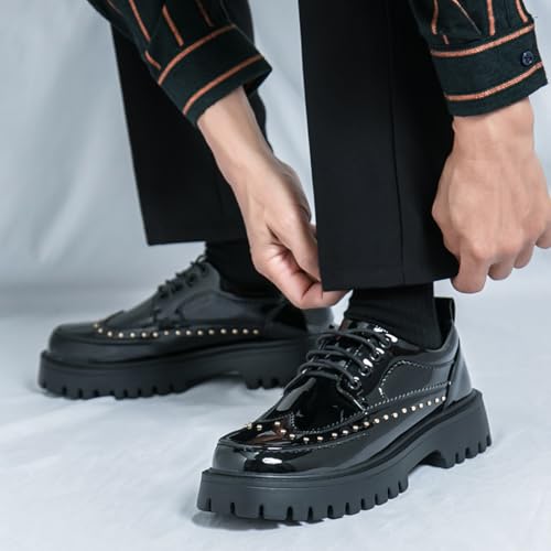 Men's Patent Leather Platform Dress Shoes Classic Round Toe Thick Lug Sole Lace Up Oxfords Comfort Block Heel Derby Business