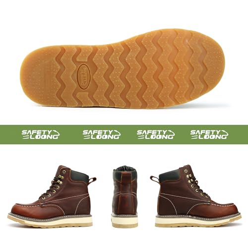 Moc Toe Work Boots for Men Waterproof Soft/Steel Toe Comfortable Full Grain Leather Non Slip Wedge Outsole Construction 6"