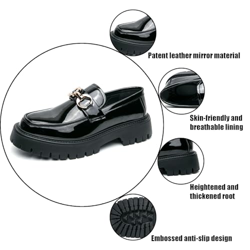 Men's Patent Leather Chunky Platform Penny Loafers with Metal Decoration Slip-On Lug Sole Dress Business Work Shoes Daily