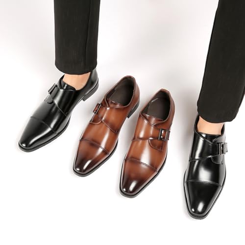 Men's Genuine Leather Monk Strap Loafers Fashion Classic Cap Toe Low Top Slip On Dress Oxford Shoes Business Casual Office