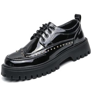 Men's Patent Leather Platform Dress Shoes Classic Round Toe Thick Lug Sole Lace Up Oxfords Comfort Block Heel Derby Business