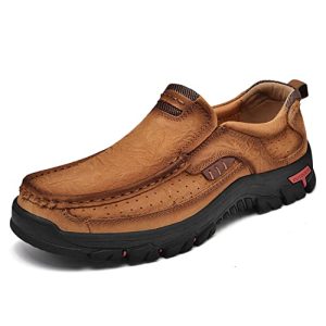 Mens Slip On Casual Loafers Classic Outdoor Leather Walking Hiking Shoes Comfortable for Work Office Dress Outdoor