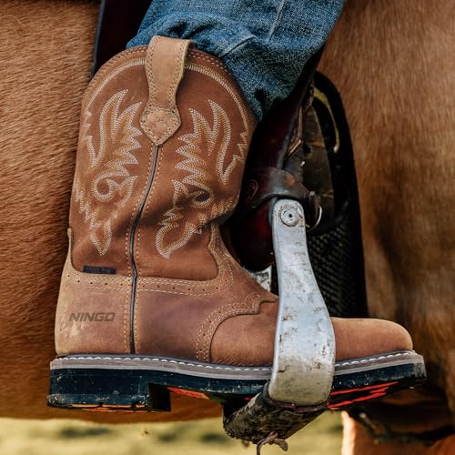 NINGO Steel/Soft Toe Cowboy Work Boots for Men, Waterproof Slip on Square Toe Western Boots, Comfortable Pull on Safety Work