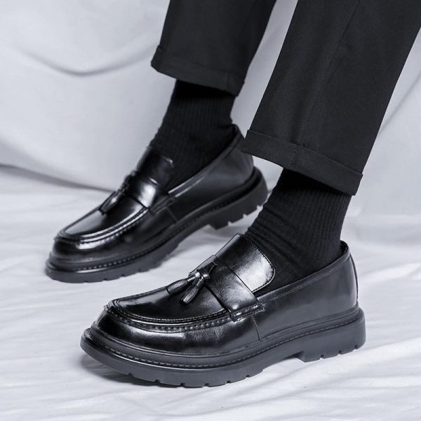 511BdcxrSML.jpg Men's Leather Tassel Platform Slip on Loafers Luxury Round Toe Lug Sole Non-Slip Dress Shoes Casual Low Block Heel Business Work
