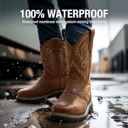 NINGO Steel/Soft Toe Cowboy Work Boots for Men, Waterproof Slip on Square Toe Western Boots, Comfortable Pull on Safety Work