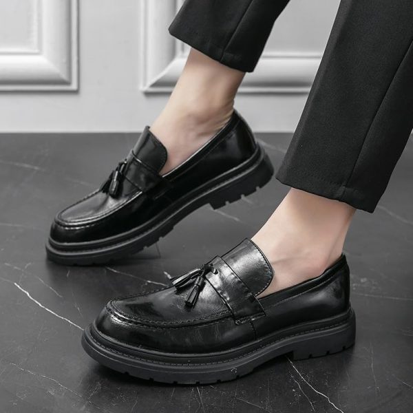 517-hLbG-kL.jpg Men's Leather Tassel Platform Slip on Loafers Luxury Round Toe Lug Sole Non-Slip Dress Shoes Casual Low Block Heel Business Work