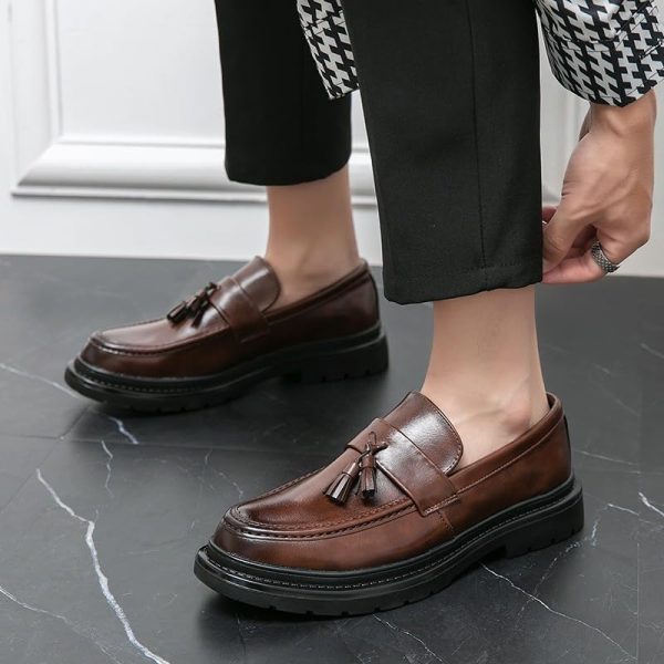 51B0190c5RL.jpg Men's Leather Tassel Platform Slip on Loafers Luxury Round Toe Lug Sole Non-Slip Dress Shoes Casual Low Block Heel Business Work
