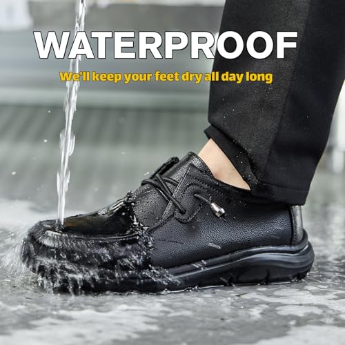 Leather Non-Slip Waterproof Work Shoes for Men Women Slip-Resistant Oil Slip-On Loafers for Chef Kitchen Restaurant Food Service