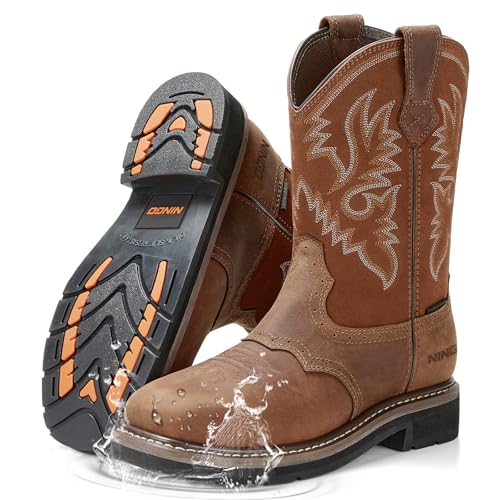 NINGO Steel/Soft Toe Cowboy Work Boots for Men, Waterproof Slip on Square Toe Western Boots, Comfortable Pull on Safety Work