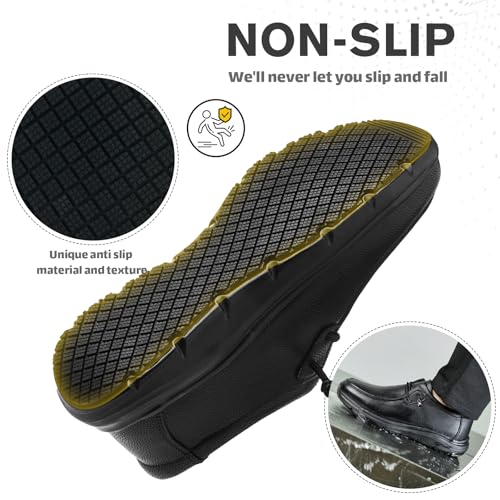 Leather Non-Slip Waterproof Work Shoes for Men Women Slip-Resistant Oil Slip-On Loafers for Chef Kitchen Restaurant Food Service