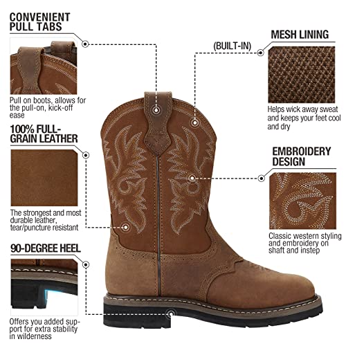 NINGO Steel/Soft Toe Cowboy Work Boots for Men, Waterproof Slip on Square Toe Western Boots, Comfortable Pull on Safety Work