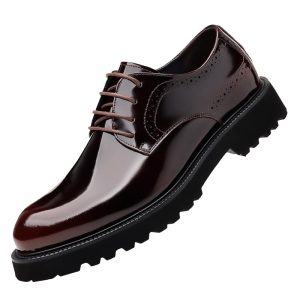 Men's Patent Leather Lace Up Platform Work Oxfords Round Toe Slip Resistant Low Top Lug Sole Brogues Dress Shoes Comfortable