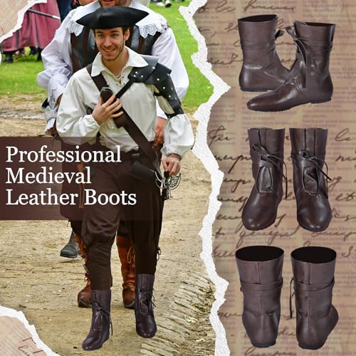 51o4J2qrhTL.jpg Men's Medieval Boots Renaissance Cosplay Festival Shoes Viking Leather Boots Non Slip Pirate Tied Shoes