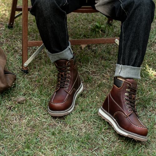 Moc Toe Work Boots for Men Waterproof Soft/Steel Toe Comfortable Full Grain Leather Non Slip Wedge Outsole Construction 6"